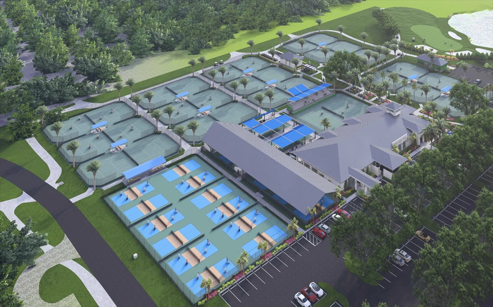 Image of the newly constructed racquet sports complex with professional tennis courts.